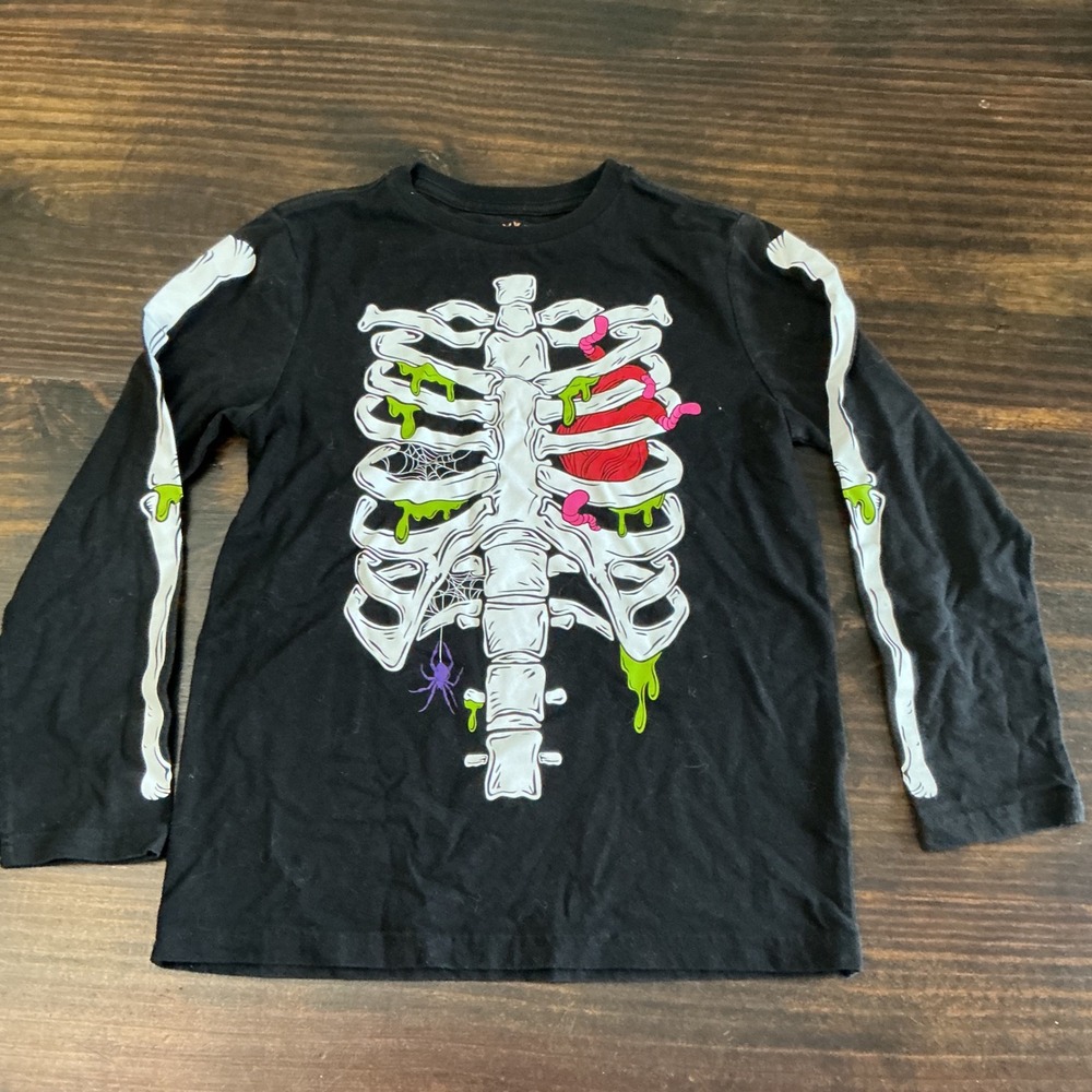 Celebrate Halloween Kids Medium 8 Skeleton Graphic Long Sleeve Shirt Black Slime